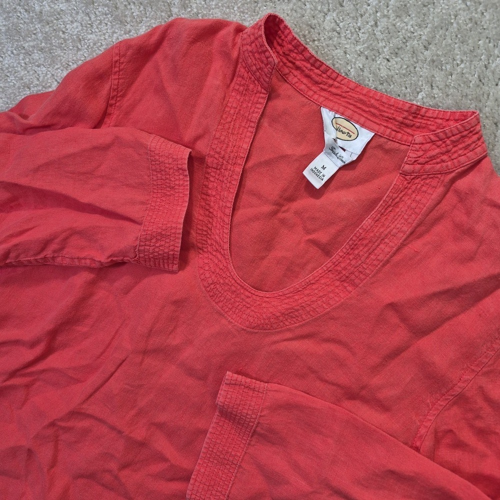Talbots Irish Linen Top Womens Medium Orange 3/4 Sleeve Coastal Beach Resortwear